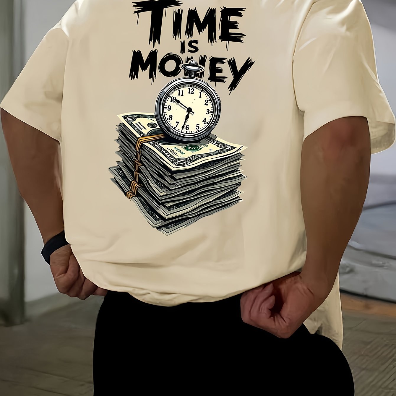 Men'S Casual Short Sleeve T-Shirt with "Time is Money" Clock  Stack of Cash Graphic - Lightweight Polyester, Loose Fit, Round Neck, Perfect for Spring  Summer Outdoor Wear, Relaxed Fit Shirt   Bold Graphic Tee   Glossy Text