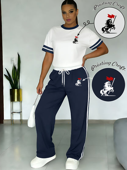 Women's Casual Two-Piece Set: Soft Contrast Tee & Pants