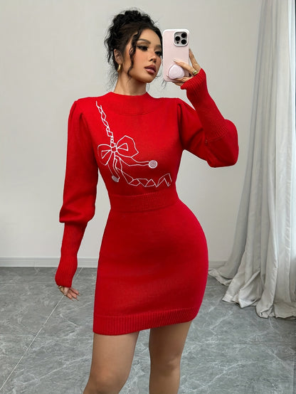 Women's Elegant Slim-Fit Sweater Dress with Bow Design, Fashionable and Versatile, Suitable for Autumn and Winter, Christmas Gift