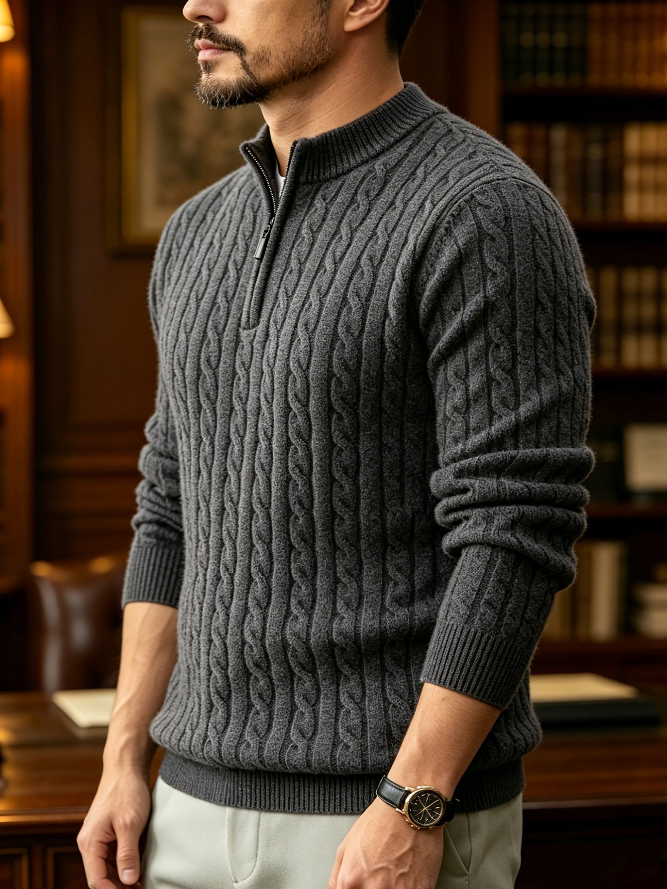 Men's Spring/Fall Half-Zip Stand Collar Cable Knit Sweater