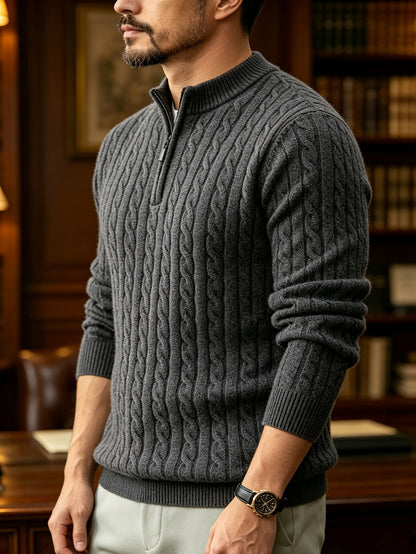 Men's Spring/Fall Half-Zip Stand Collar Cable Knit Sweater