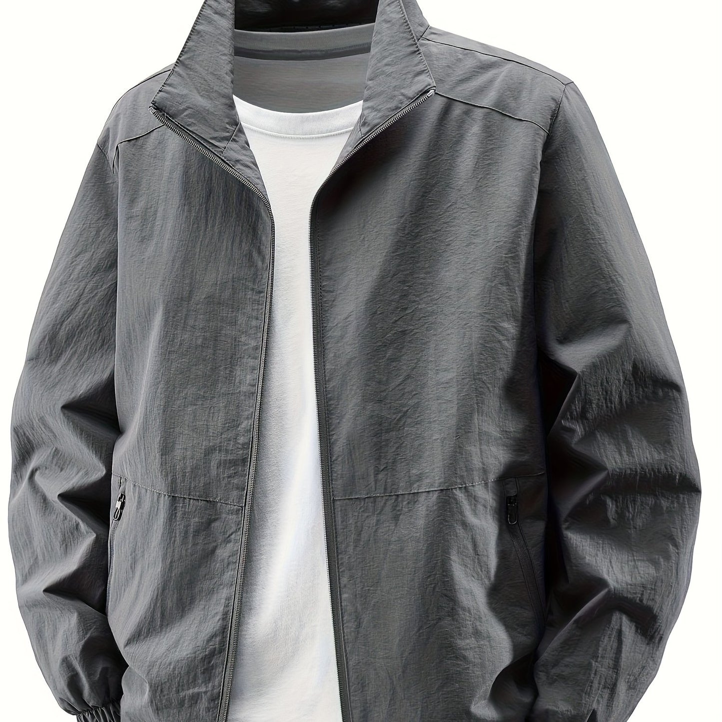 Men'S Olive Green Bomber Jacket with Stand Collar - Casual, Comfortable, Zip-Up Outerwear for Outdoor Activities, Casual Attire|Stand Collar Jacket|Zippered Jacket