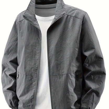 Men'S Olive Green Bomber Jacket with Stand Collar - Casual, Comfortable, Zip-Up Outerwear for Outdoor Activities, Casual Attire|Stand Collar Jacket|Zippered Jacket