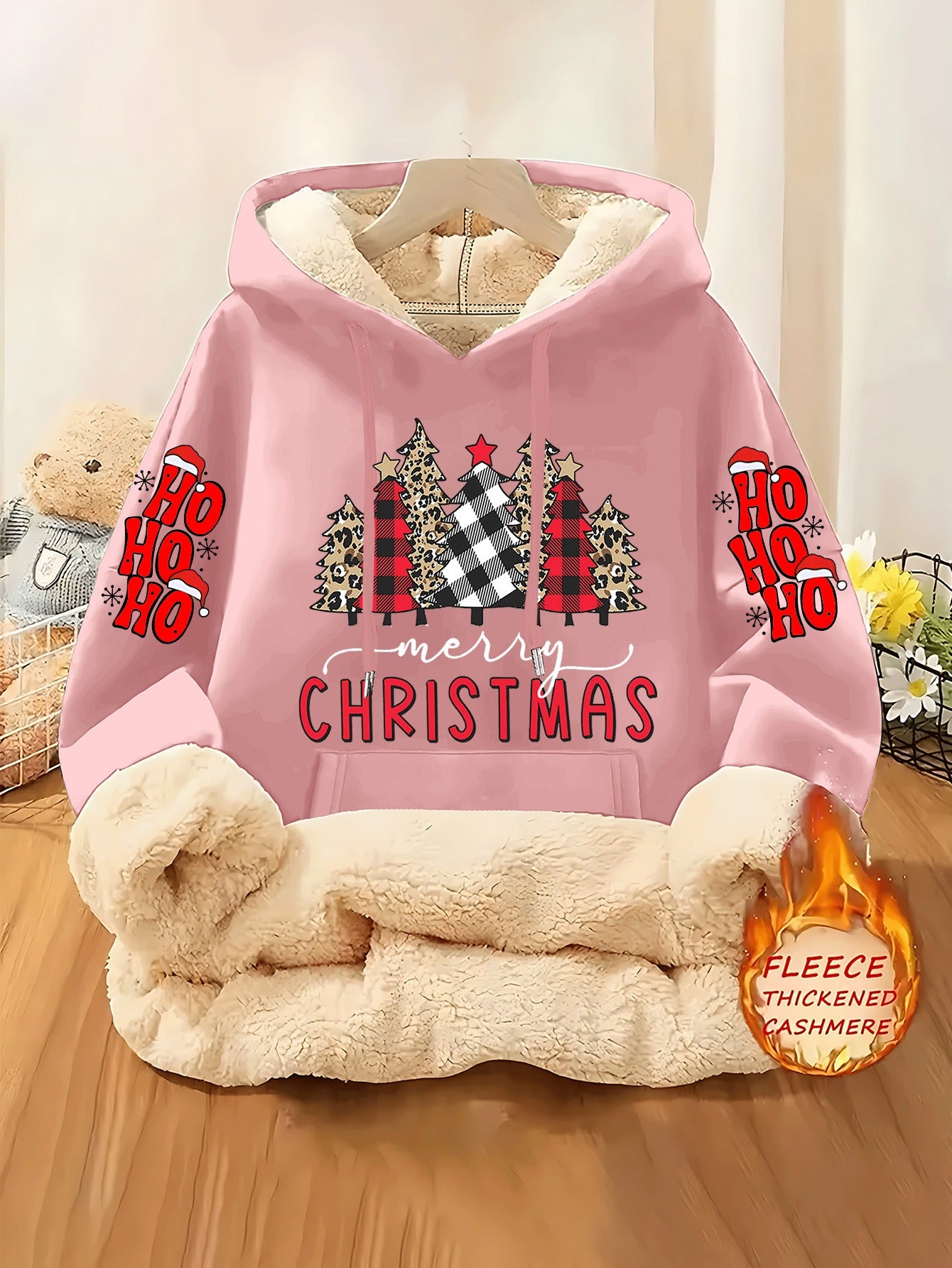 Christmas & Plaid Leopard Print Christmas Tree Pattern Printed Ladies Lined Hoodie, Thick and Warm Polyester Fabric Jacket, Suitable for Casual Composite Warm Clothing for Autumn and Winter Season