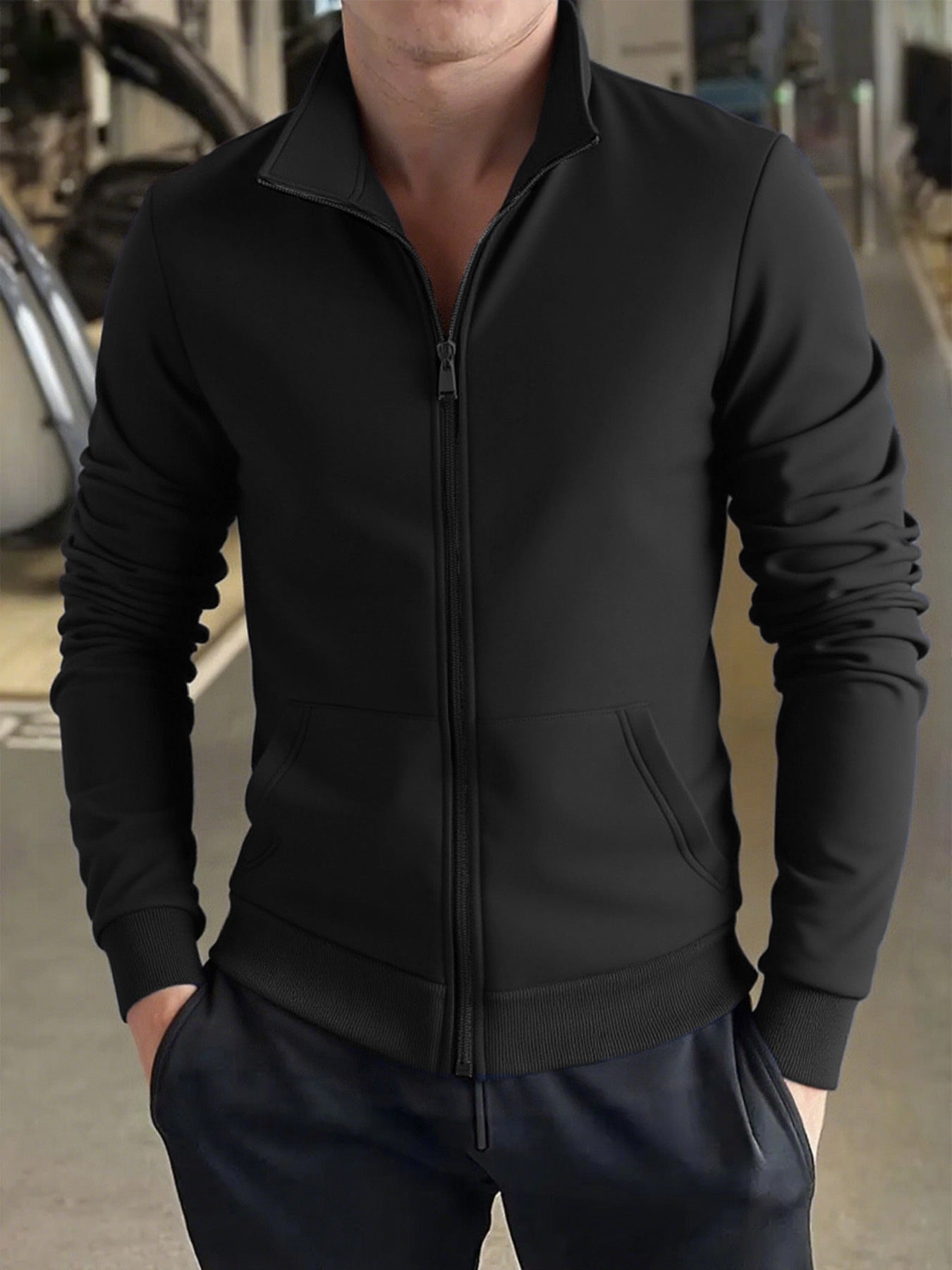 Men's Solid Color Green Full-Zip Stand Collar Jacket - Lightweight Workwear Coat with Zippered Pockets, Machine Washable, Regular Fit for Gym, Hiking, Casual & Outdoor Activities - Versatile All-Season Outerwear