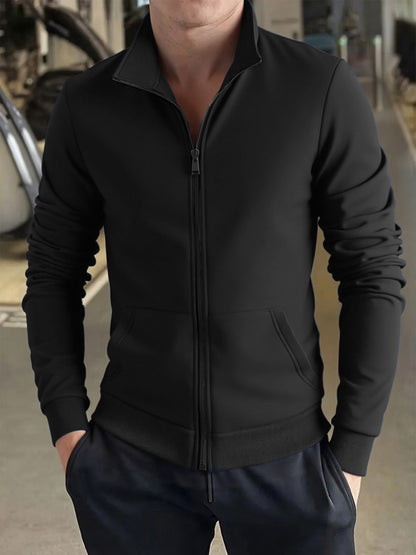 Men's Solid Color Green Full-Zip Stand Collar Jacket - Lightweight Workwear Coat with Zippered Pockets, Machine Washable, Regular Fit for Gym, Hiking, Casual & Outdoor Activities - Versatile All-Season Outerwear