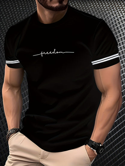 Men'S "Freedom" Graphic T-Shirt - Black Casual Crew Neck Tee with White Stripes, Breathable Polyester Blend, Regular Fit for Casual Attire, Everyday Tshirt   Bold Print Tee   Comfortable Fit, Knit
