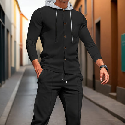 Men'S Lightweight Hooded Cardigan - Long Sleeve Sweater Jacket, Button-Front Closure, Light Grey Casual Outerwear for Office, Casual Attire - Breathable Fall/Spring Layering Essential, Sweater Cardigan, Waffle Texture, Durabl