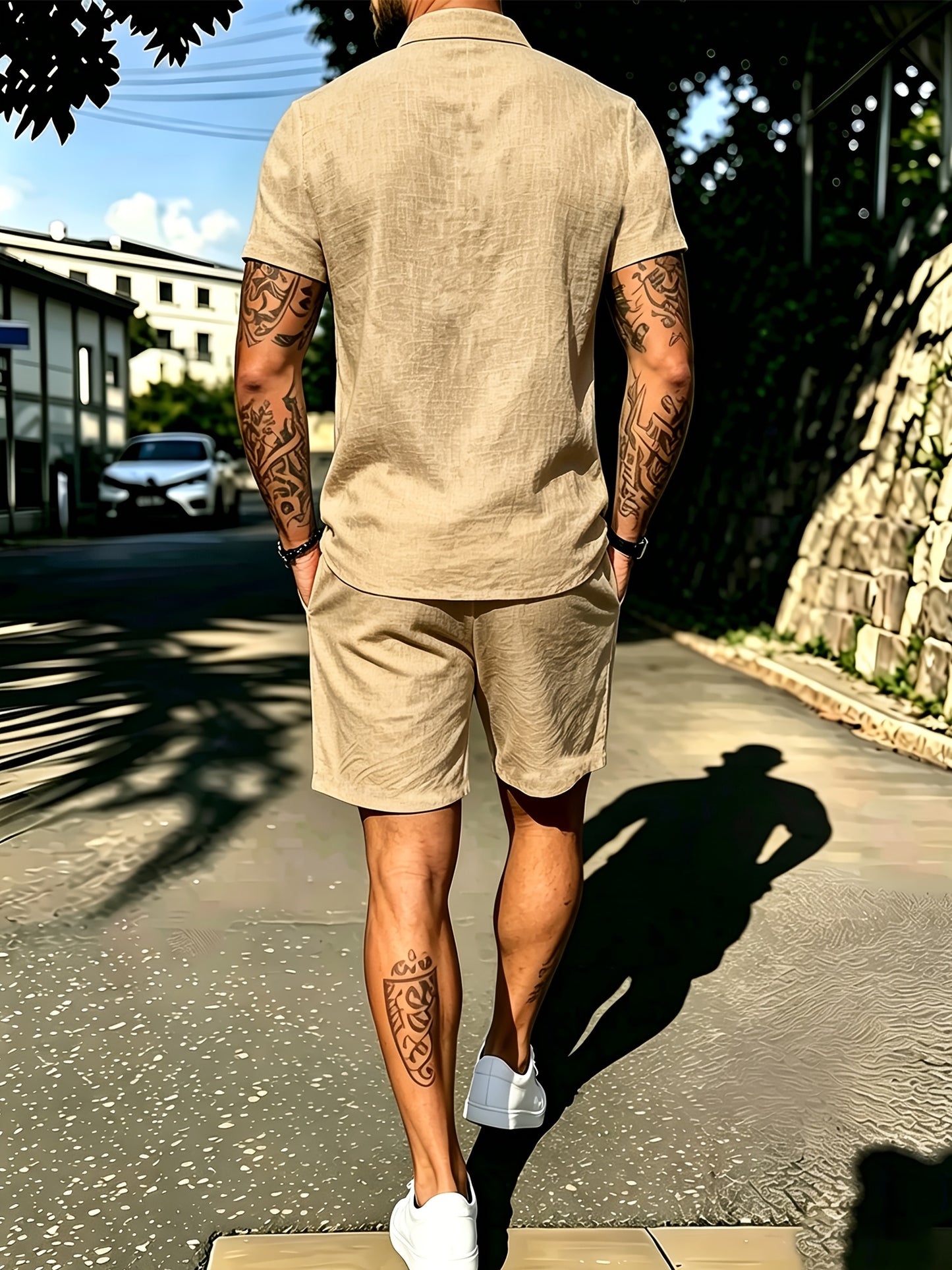Men's Casual Cotton Polo Shirt and Shorts Set for Spring/Fall
