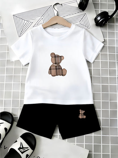 Infant Toddler Summer Shorts Set with Plaid Bear Print Tee