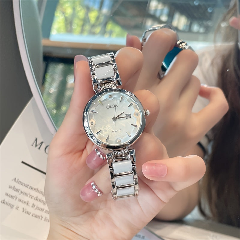 Elegant Women's Quartz Watch with Ceramic Band and Stainless Steel Cas