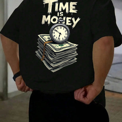 Men'S Casual Short Sleeve T-Shirt with "Time is Money" Clock  Stack of Cash Graphic - Lightweight Polyester, Loose Fit, Round Neck, Perfect for Spring  Summer Outdoor Wear, Relaxed Fit Shirt   Bold Graphic Tee   Glossy Text