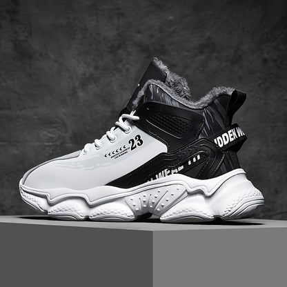 Men's High-Top Winter Sneakers with Thick Rubber Sole & Warm Fabric - Black/White/Grey/Grey Sneakers for Gym,, Casual Wear, Trainers, High Top Sneakers For Men, Black Trainers Men, Mens Shoe, High Tops Sneakers For Men Black,