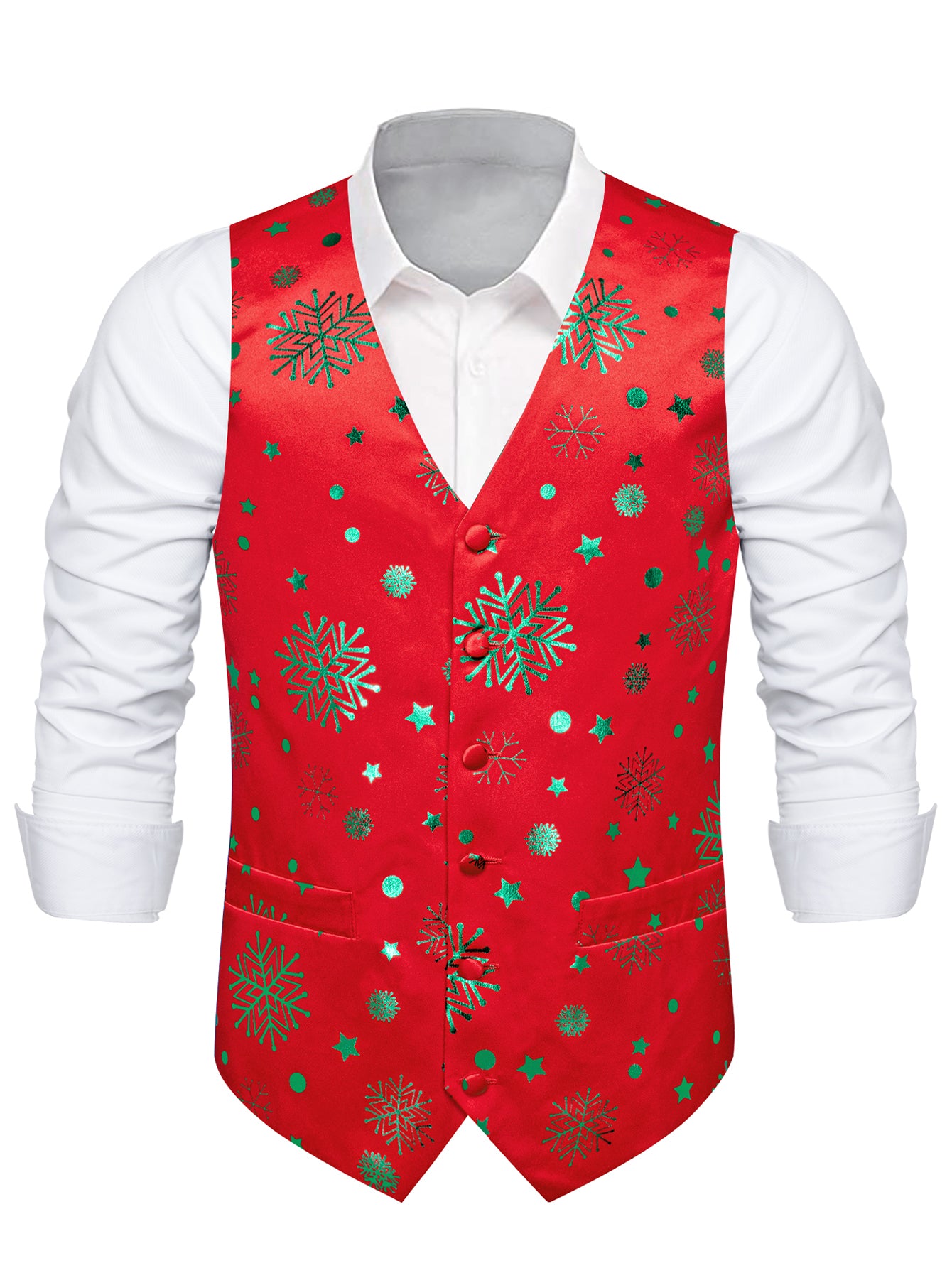 DOCAPEITON Men'S Christmas Vest - Formal & Casual Holiday Party Outfit with Button Front Closure, Non-Stretch Fabric - Green & Golden Snowflake, Tree, Firework Designs - Perfect for Xmas, New Year's, Weddings - Adult Men'S Fe