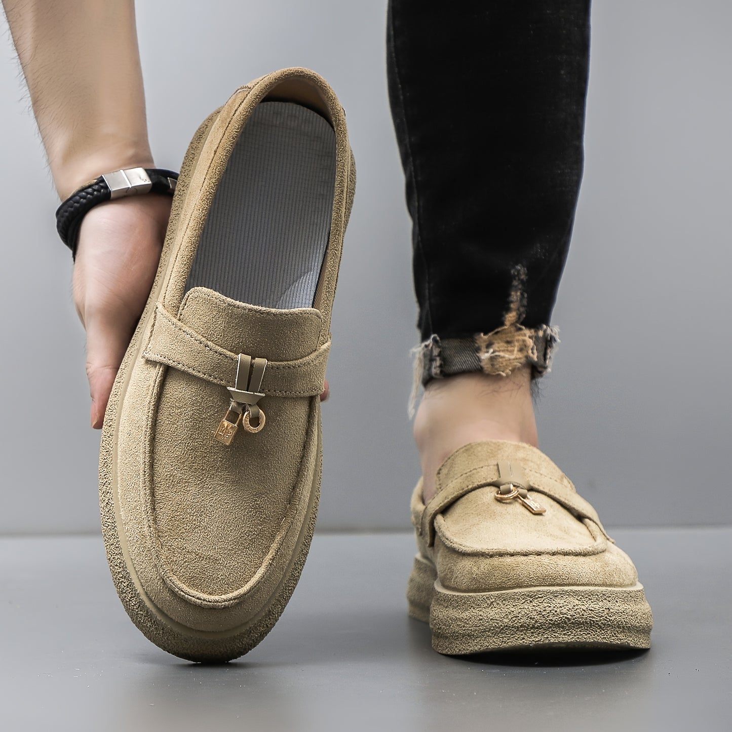 Men's Platform Casual Loafers with Metal Pendant Slip-On Shoes