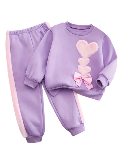 Autumn And Winter Girls' Fashion New Style Simple And Versatile Elegant Heart-Shaped Pattern Splicing Embroidery Bow Decoration Round Neck Long-Sleeved Top + Slim Stretch Leggings Casual Sports Two-Piece Set, Suitable for Out