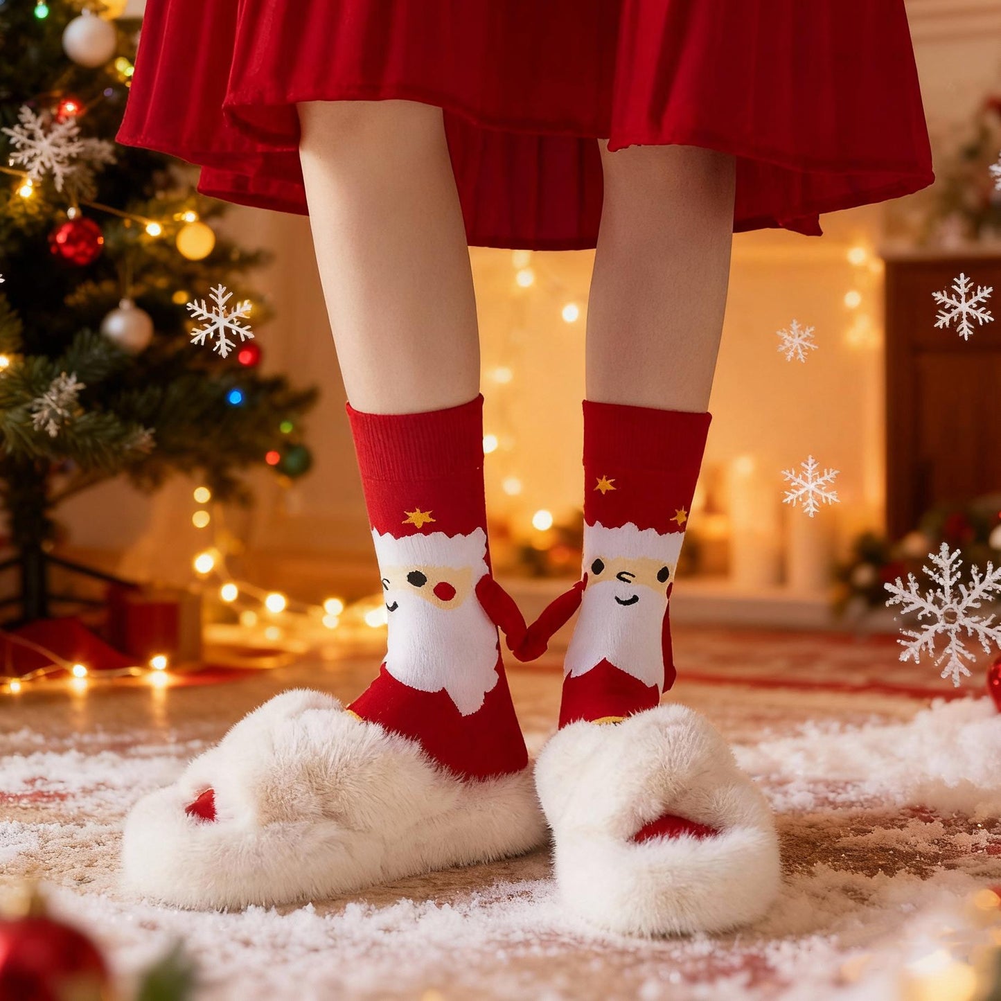 2-Pack Christmas Magnetic Holding Socks Women's Mid-Calf Socks(Tree, Santa) Winter Cute Couple Socks Unisex Meets Xmas, Halloween wear, warmth& gifting needs Magnetic, versatile Suitable for Xmas costumes, Halloween looks, wi