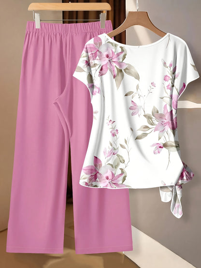 Women's Floral Bow-Tie Blouse & Loose Straight Pants Set