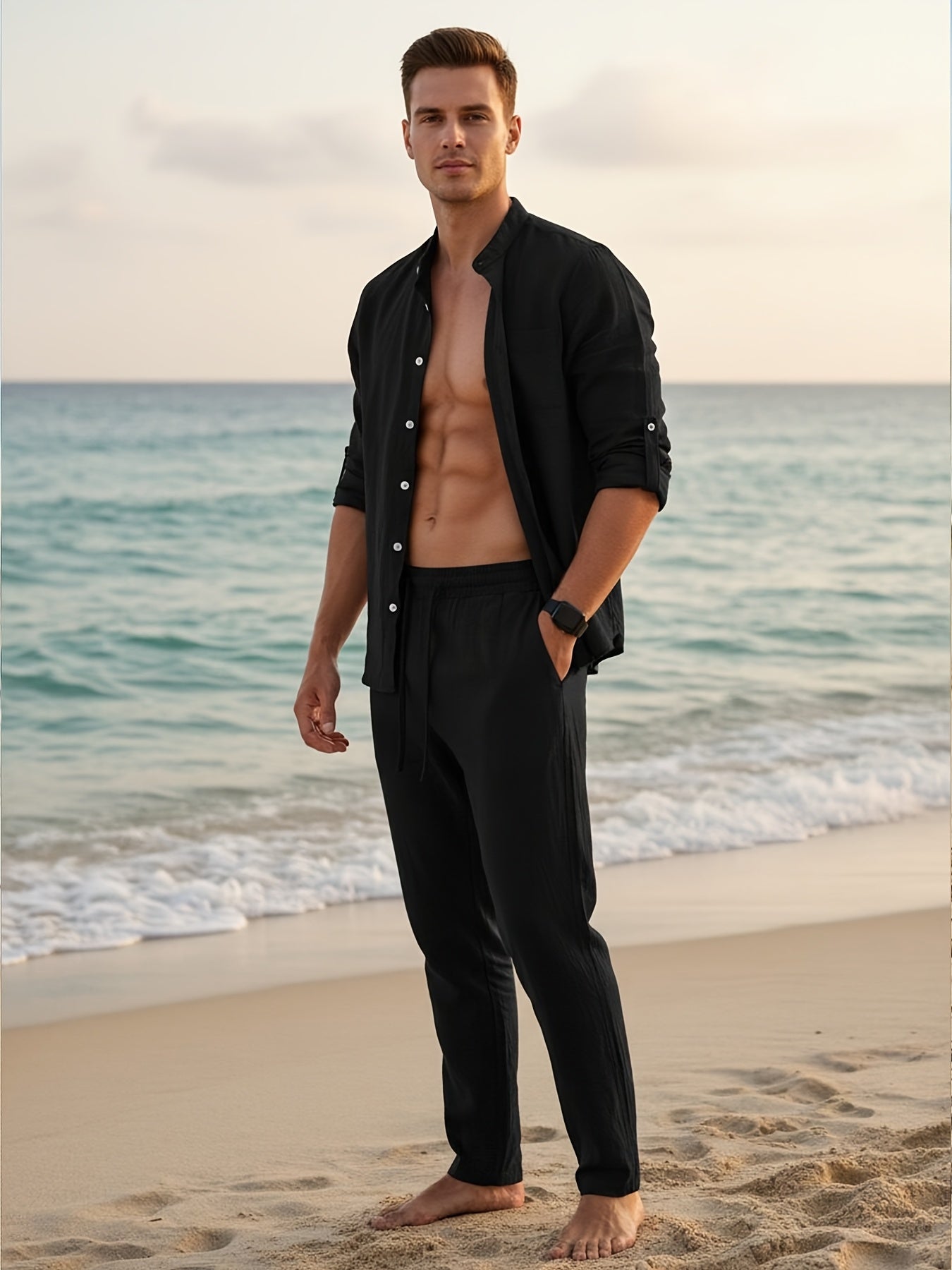 Men's Linen Long-Sleeve Shirt & Pants Set for Spring and Fall