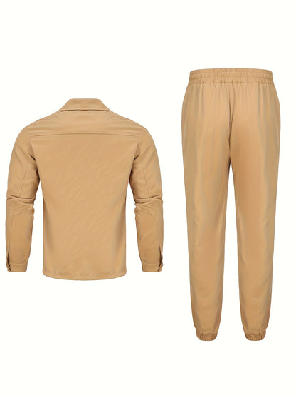 Men'S Casual Polyester Suit Set, Solid Color, Non-Stretch, Regular Fit, with Lapel Collar, Pocket Details, for Hiking, Daily Wear, and Special Occasions, Spring/Fall, Fall/Winter
