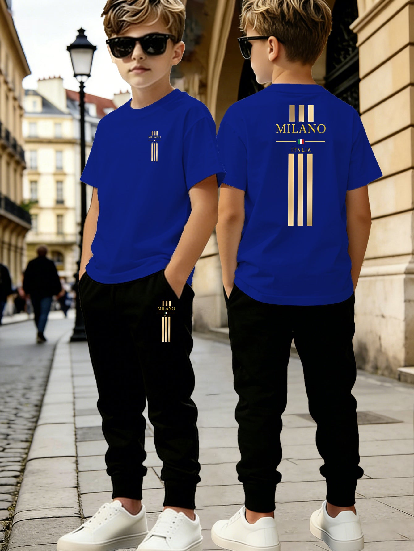 Boys' Casual Short Sleeve & Long Pants Set with Geometric Print