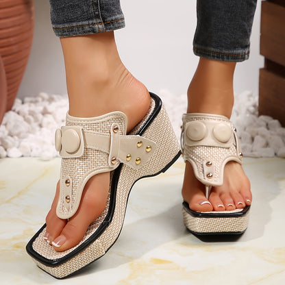 Women's Thick Platform Wedge Sandals with Metallic Studs - Slip-On Square Toe Breathable Fabric Upper  Cushioned Rubber Sole for Casual Comfort, Comfortable Footwear, Chic Shoe Design, Durable Traction Footwear