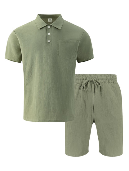 Men's Casual Linen Polo Shirt & Loose Shorts Set for Summer