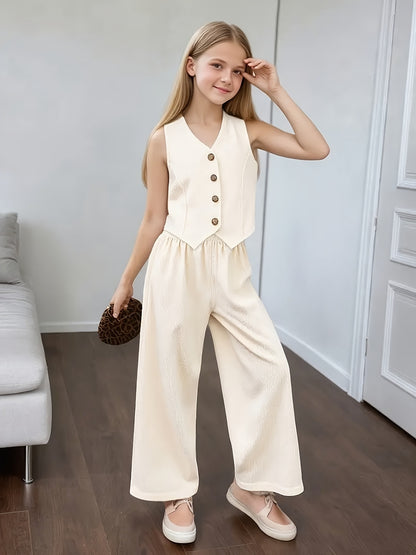 Girls' Summer Casual Tank Top & Wide-Leg Pants Set Ages 7-16