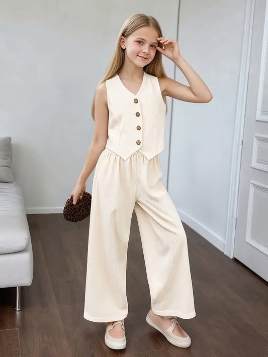 Girls' Summer Casual Tank Top & Wide-Leg Pants Set Ages 7-16