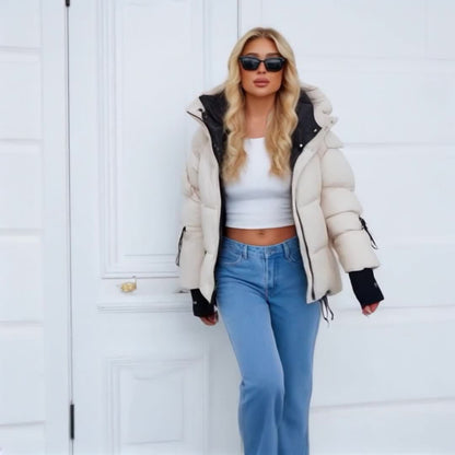 Women's Stylish Beige Puffer Jacket - Casual Warm Winter Coat with Black Trim, Long Sleeves & Zippered Hood, Polyester Fabric for Outdoor Comfort