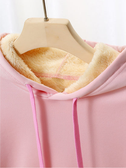 Women's Fleece-Lined Hooded Christmas Sweatshirt with Ho Ho Ho & Merry Christmas Print, Plush Fleece Jacket, Warm Winter Coat, Thick Polyester Outer Layer, Machine Washable Holiday Sweater for Xmas Parties & Winter Outfits, W