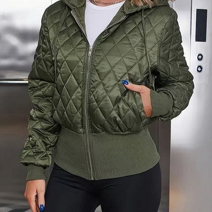 Women's Thick Zip-Up Hooded Jacket - Olive Green Full-Zip Front Closure, Non-Stretchy Structured Fit Coat for Casual, Formal, - Machine Washable Outerwear, Casual Wear, Classic Design, Highquality Material, Office Attire