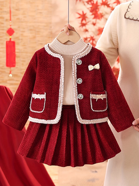 Girls' Elegant Red & Ruffled Skirt Set - Long Sleeve, Button-Up, Non-Stretch Fabric, Loose Fit, Perfect for Fall/Winter, Casual Style, Casual Attire, |elegant Girls' Set|buttonup Skirt Set, For Outdoor