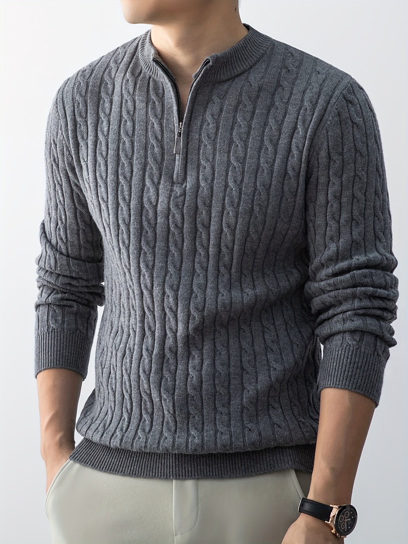 New Men'S Christmas Gift: a Thick, Warm, And Cold-Resistant Knitted Sweater with a Cable-Knit Design And a Zippered Collar, Suitable for Both Layering And Wearing Alone, Perfect for Casual And Versatile Outfits