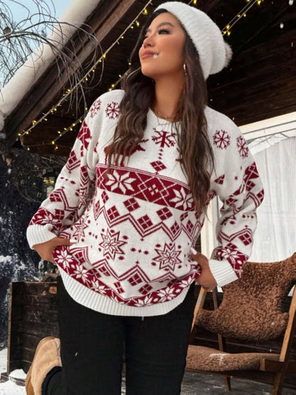 Women'S Thick Double-Layer Winter Sweater - Red & Snowflake & Geometric Pattern Pullover, Round Neck Long Sleeve Sweater with Piping Trim, Cozy Fall/Winter Casual Chic Outfits, Ladies Sweaters