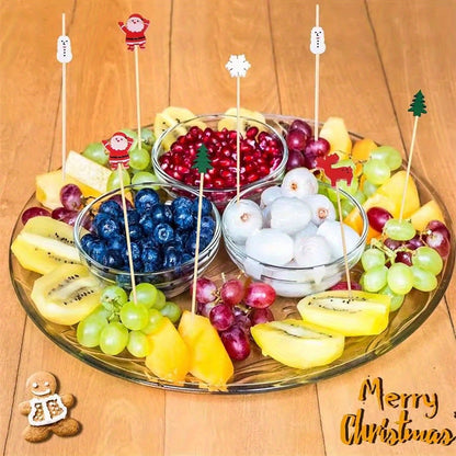 100pcs Festive Christmas Fruit Skewers with Santa, Reindeer, Snowflake & Tree Designs - Disposable Bamboo Picks for Parties, Desserts, Cocktails & Hamburgers, Christmas Dessert Decorations, Durable Fruit Skewers
