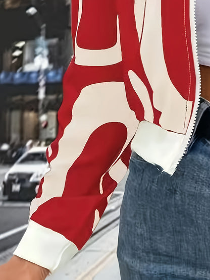 Women'S Stylish Black & White Abstract Print Zip-Up Cardigan Jacket - Casual Long Sleeve Pullover with Belted Waist, All-Season Wear, Casual Attire Jacket|Modern Casual Jacket|Zippered Jacket