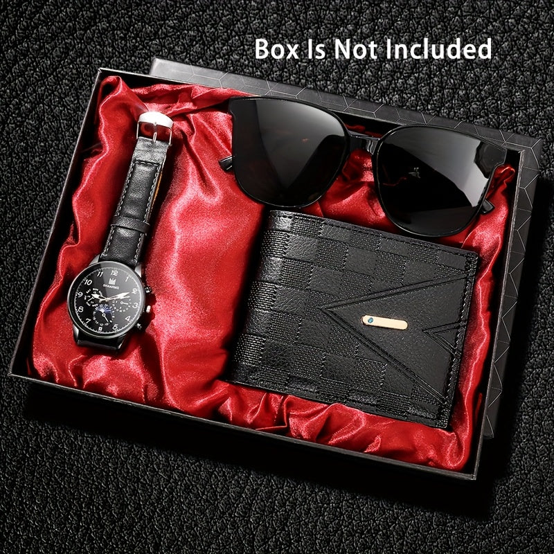 Stylish Men's 3pcs Set: Quartz Watch, Glasses & Wallet - Faux Leather Strap, Alloy Case, Digital Dial - Perfect for Gifts & Casual Attire