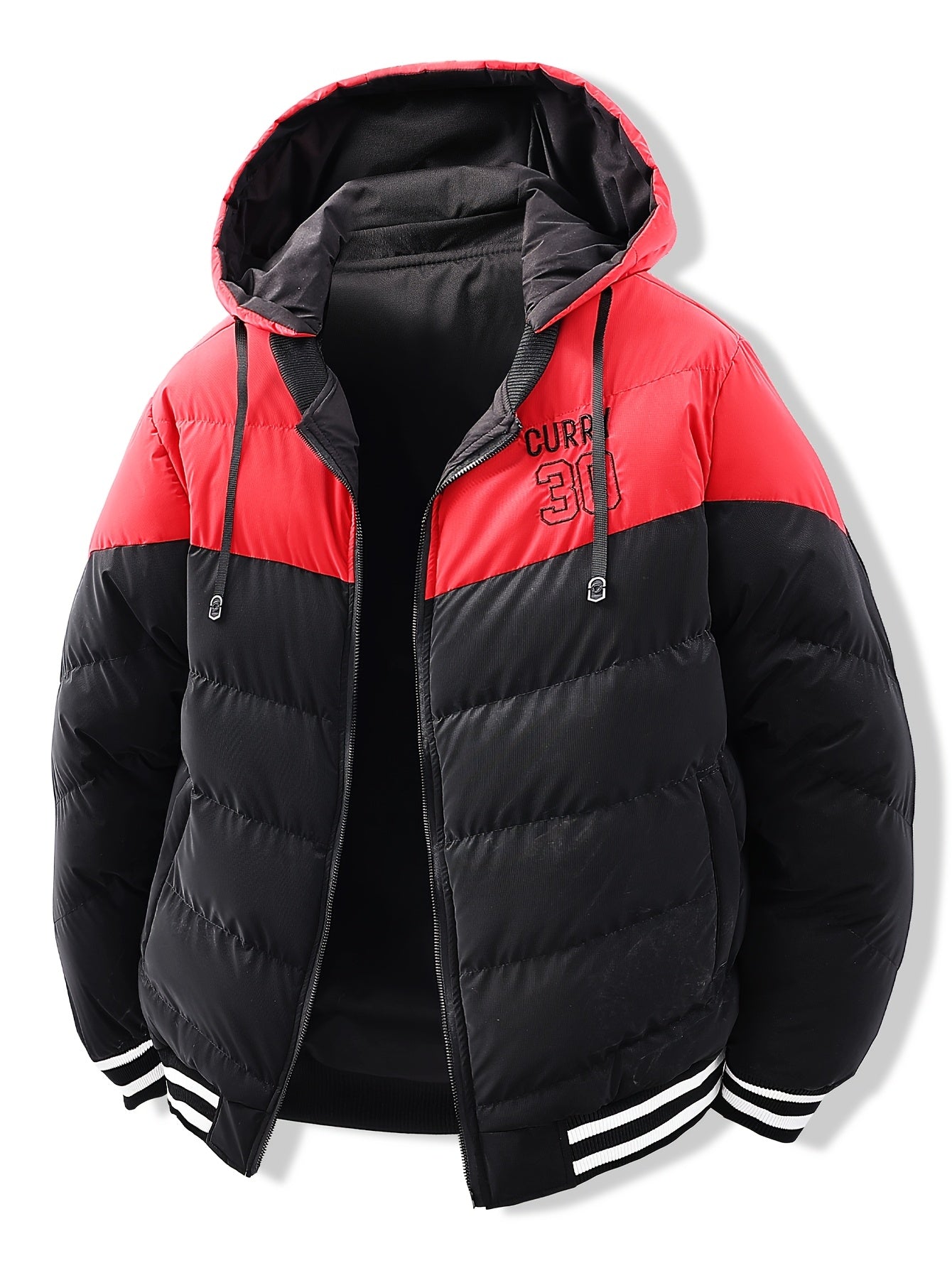 Men's Modern Streetwear Hooded Jacket with Embroidered Lettering, Color-Block Design, Removable Hood & Polyester Fill - Machine Washable Long Sleeve Coat with Pockets for Fall Winter Casual Wear