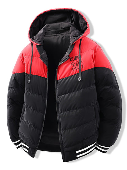 Men's Modern Streetwear Hooded Jacket with Embroidered Lettering, Color-Block Design, Removable Hood & Polyester Fill - Machine Washable Long Sleeve Coat with Pockets for Fall Winter Casual Wear