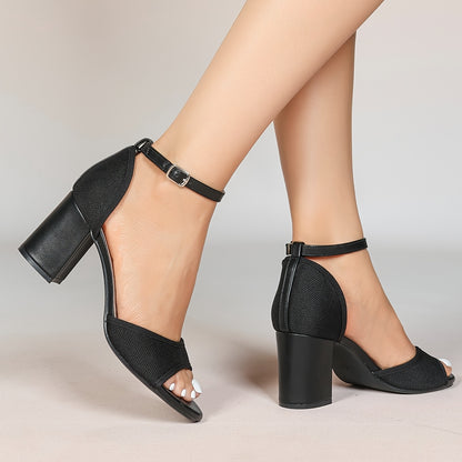 Women's High Heel Block Sandals - Elegant Fabric Slip-On Shoes