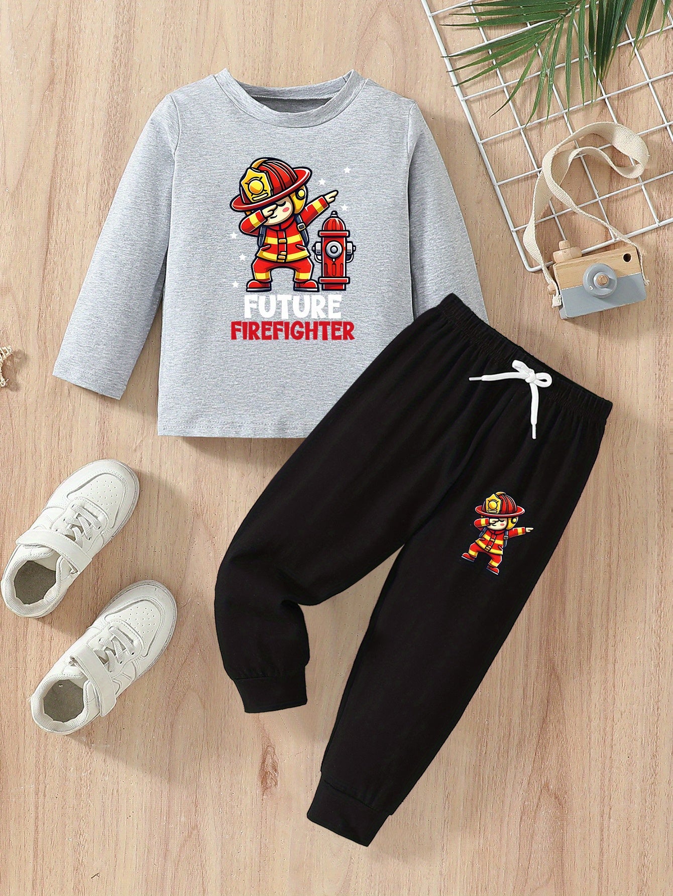 Boys' Firefighter Print Cotton Fall Winter Set, Long Sleeve & Pants