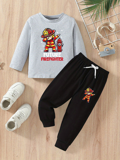 Boys' Firefighter Print Cotton Fall Winter Set, Long Sleeve & Pants