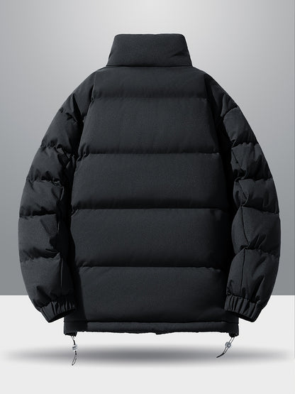 Men'S 2025 New Casual Jacket - Black, Stand Collar, Zip-Up, Long Sleeve, Polyester Filled, Winter Coat with Adjustable Drawstring Hood