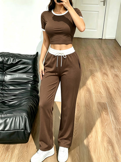 Women's Casual 2-Piece Set: Color-Block T-Shirt & Wide-Leg Pants - ayq