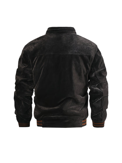 Men's Winter Fleece Jacket with Ribbed Cuffs and Stand Collar