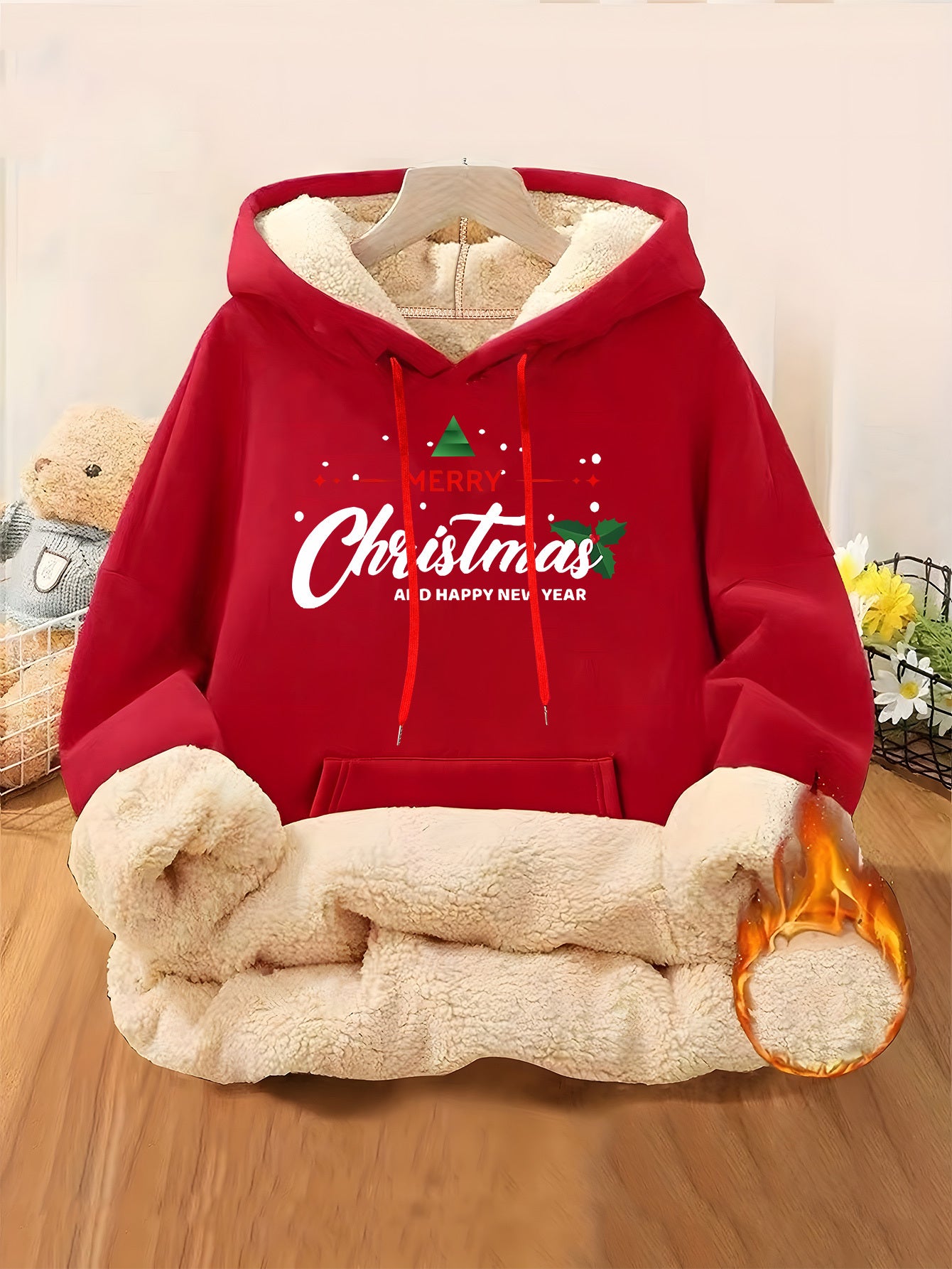 Women'S Plus Size Winter Warm Hooded Sweatshirt with Merry Christmas & Happy New Year Print - Thick Fleece-Lined Oversized Pullover, Cozy Casual Sweater for Christmas, Halloween Gifts, Christmas Sweatshirt, Festive Clothing,