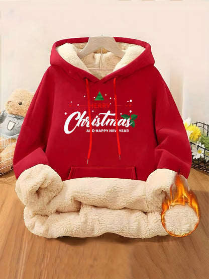 Women'S Plus Size Winter Warm Hooded Sweatshirt with Merry Christmas & Happy New Year Print - Thick Fleece-Lined Oversized Pullover, Cozy Casual Sweater for Christmas, Halloween Gifts, Christmas Sweatshirt, Festive Clothing,