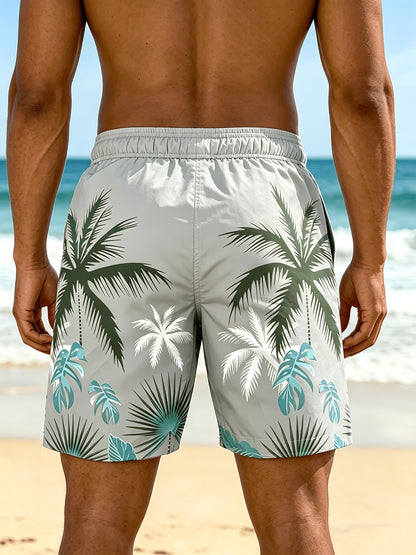 Plus Size Men's Palm Tree Print Beach Shorts, Breathable Polyester