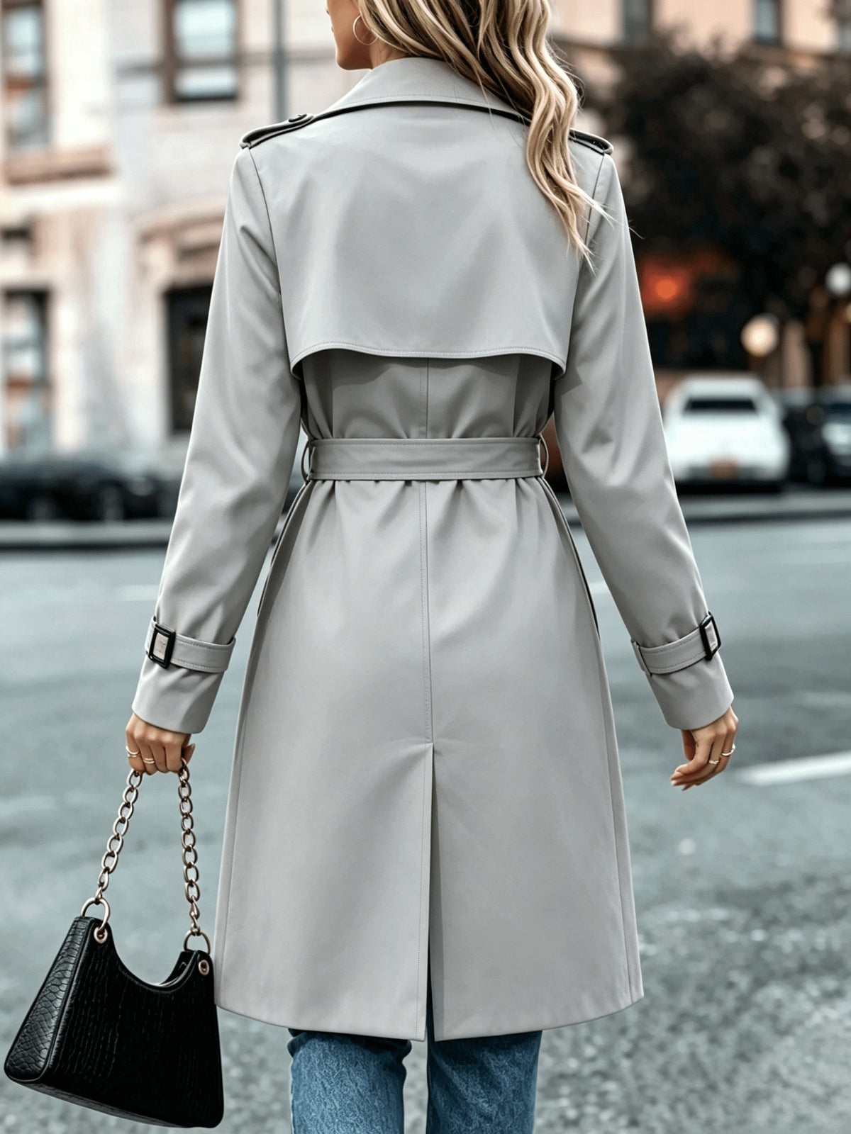 Elegant Solid-Color Double-Breasted Trench Coat with Belt